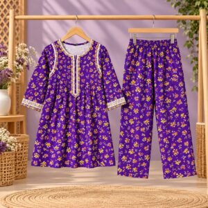 Purple Floral Frock And Trouser Kotri 2-Piece Set For Girls