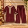 Burgundy Embroidered Kotri 2-Piece Set For Girls