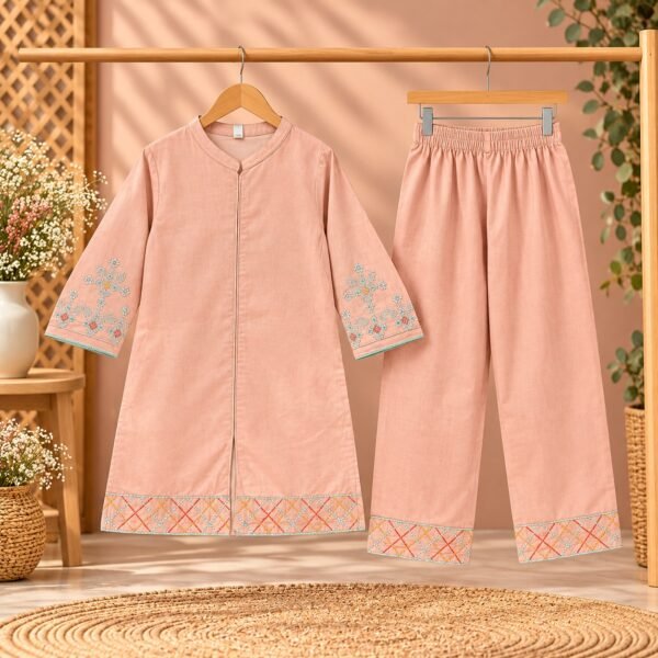 Plum Floral Frock with Pink Embroidered Jacket Kotri For Girls