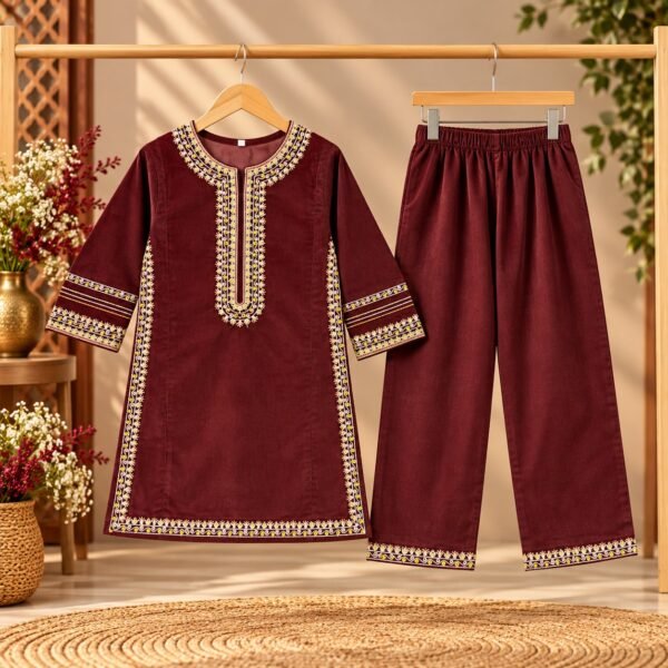 Plum Floral Frock with Pink Embroidered Jacket Kotri For Girls