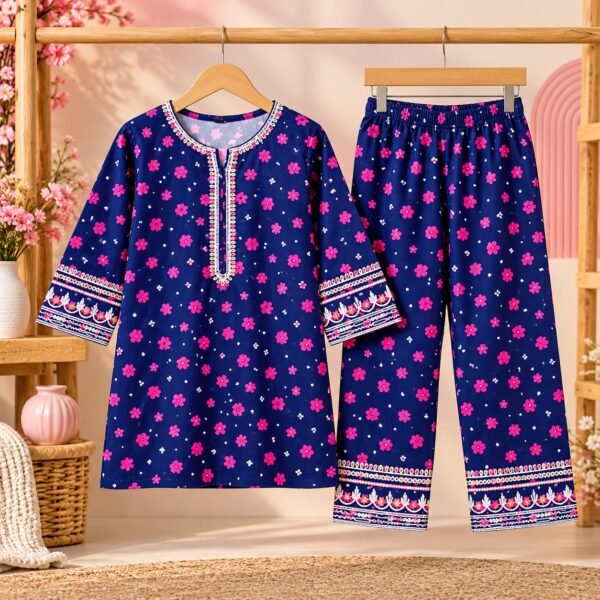 Plum Floral Frock with Pink Embroidered Jacket Kotri For Girls
