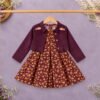Plum Floral Frock with Pink Embroidered Jacket Kotri For Girls
