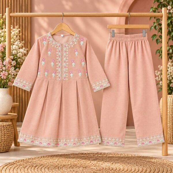Plum Floral Frock with Pink Embroidered Jacket Kotri For Girls
