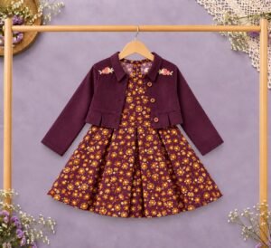 Plum Floral Frock with Pink Embroidered Jacket Kotri For Girls