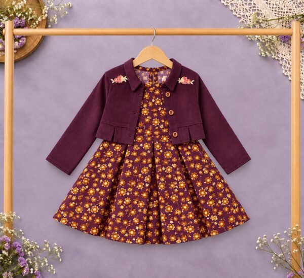 Plum Floral Frock with Pink Embroidered Jacket Kotri For Girls