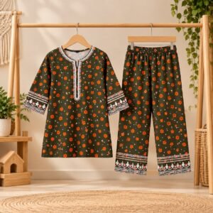 Olive Floral With Embroidered Kotri 2-Piece Set For Girls