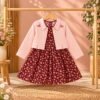 Plum Floral Frock with Pink Embroidered Jacket Kotri For Girls
