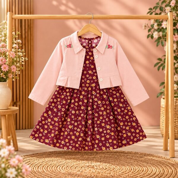 Plum Floral Frock with Pink Embroidered Jacket Kotri For Girls