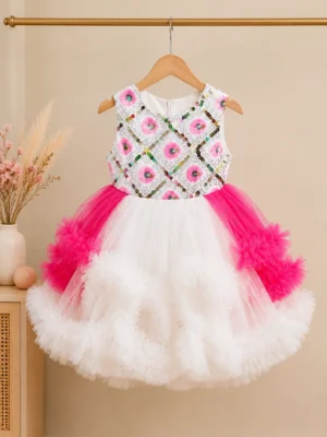 Girls Pink & White Sequin Tulle Party Dress
